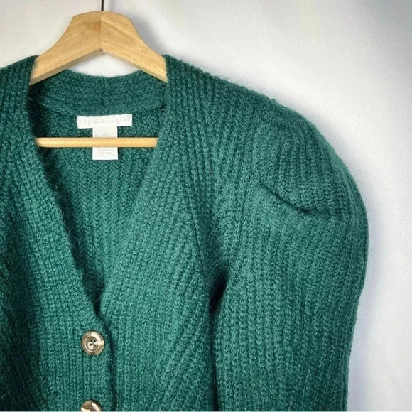 Design History Green Rib Knit Puff Sleeve Button Down Cardigan Sweater XS - Picture 5 of 6